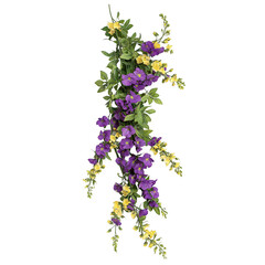 Purple and yellow flowers with green leaves on transparent background  floral decoration transparent background