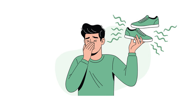 Young man looking disgusted and covering his nose while holding a pair of green sneakers with wavy lines representing a bad smell.