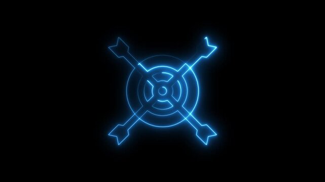 Neon blue target with crossed arrows on black background symbolizing precision and opposition