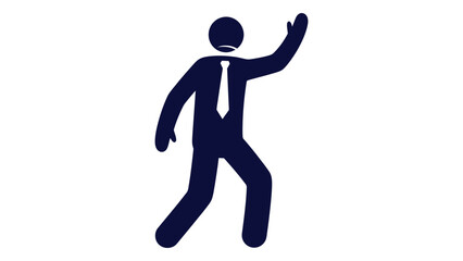 A simple dark blue icon of a man in a business suit dancing isolated on white background, Vector