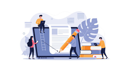 Small people working together on a large laptop screen to write and edit a digital document with a giant pencil.