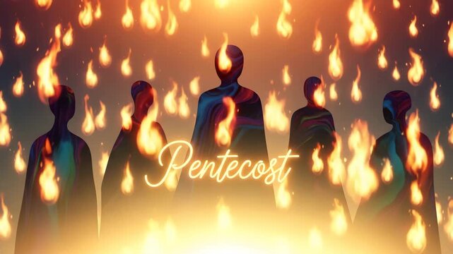 Christian pentecost concept silhouettes of people with fire flames descending flames of holy spirit 4K HD high quality video.
