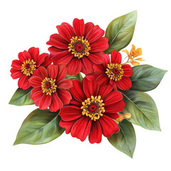 Red flowers with green leaves and yellow centers on white background transparent background