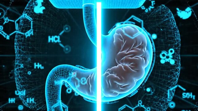 A futuristic illustration of the human stomach surrounded by molecular structures and chemical compounds in a digital environment viewed from the front