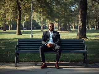 Fototapeta premium Professional businessman relaxing on park bench with smartphone in green urban oasis