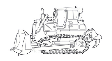 Heavy Duty Bulldozer Illustration, Construction Equipment Line Art © dira