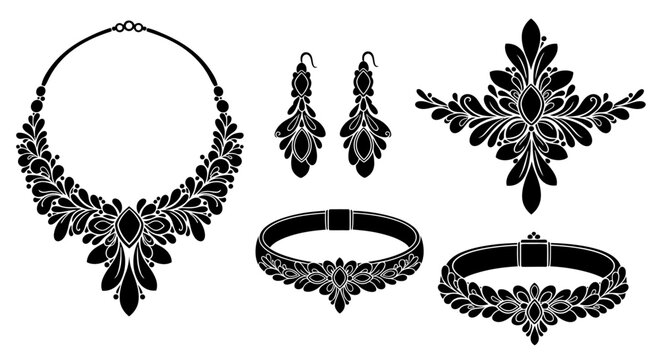 An elegant collection of black jewelry including a necklace earrings and bracelets on transparent background silhouette high quality professional