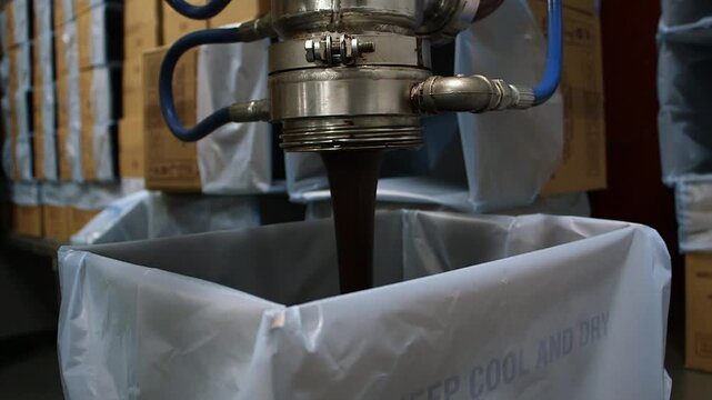 Thick liquid cocoa mass flowing from stainless steel industrial pipe into lined carton during cocoa liquor packaging at chocolate factory in Ghana.