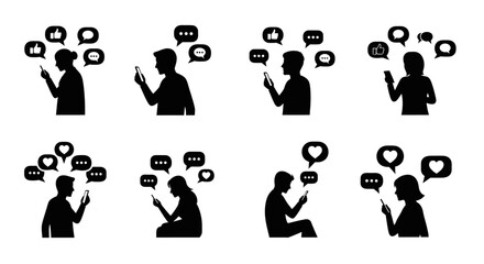 A collection of eight black silhouettes depicting people interacting with phones complete with social media icons on transparent background