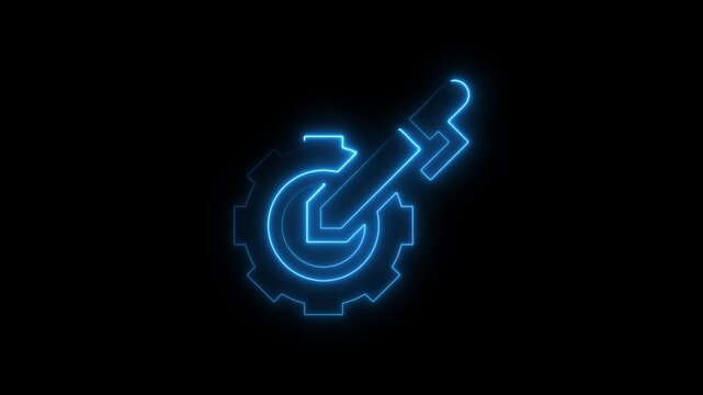 Glowing Blue Gear Cog Checkmark Symbol on Black Background Technology Concept cog wheel neon light