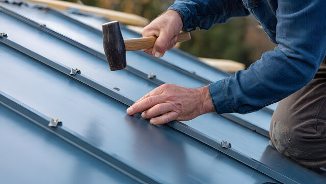 Ultra-realistic rooftop view of worker installing bituminous shingle roll on small garden shed, using hand roller to press adhesive strip along ridge