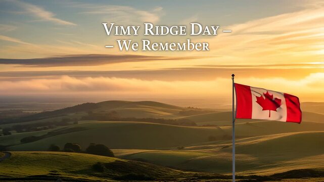 Vimy ridge day memorial sunrise canadian flag waving against dramatic rolling hills landscape 4K HD high quality video.
