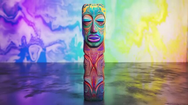 Vibrant Tiki Statue with Psychedelic Background and Reflective Surface.
