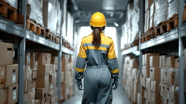 A female worker in safety gear walks through a warehouse, surrounded by shelves stacked with cardboard boxes