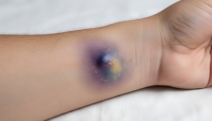 Detailed view of a human wrist with significant swelling and a painful, discolored bruise, representing a medical injury and healing concept for healthcare advertising