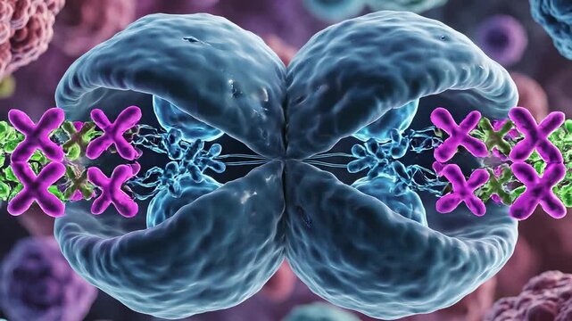 Detailed visualization of 3D cell division during mitosis, highlighting chromosome alignment and cellular structures
