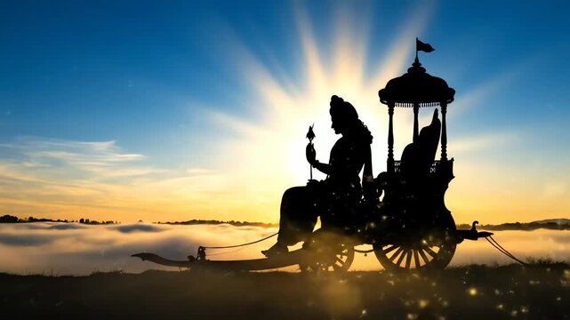A serene silhouette of lord krishna in a chariot, bathed in golden sunrise, celebrating krishna janmashtami.