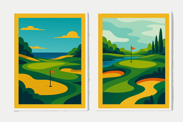 Fototapeta premium A vibrant vector illustration of two golf courses with sand traps and flags