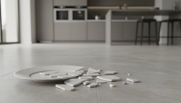 Fragments of a white broken plate scattered across a modern kitchen floor, representing an unexpected accident concept or domestic stress