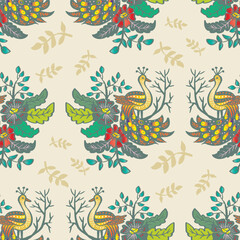Obraz premium Seamless pattern with hand drawn peacocks, flowers and leaves. Vector illustration.