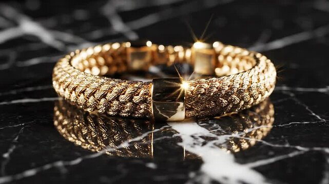 Luxury gold bracelet rests elegantly on a glossy black marble surface featuring intricate textures and reflective qualities