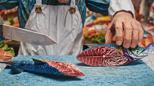 A skilled chef meticulously slicing fresh fish with precision on a vibrant seafood market table surrounded by colorful ingredients, showcasing