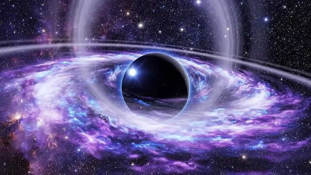 Stunning cosmic scene featuring a swirling galaxy with a black hole at the center, radiating vibrant purple and blue colors amidst sparkling stars