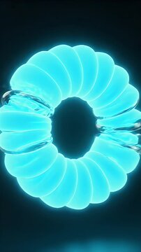 Abstract CGI visualization of a metallic toroidal structure with glowing blue energy or plasma formations emanating outwards against a dark sophisticated background, high detail rendering suitable