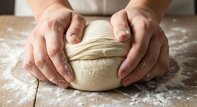A person is kneading dough on a floured surface, preparing to make delicious homemade bread.