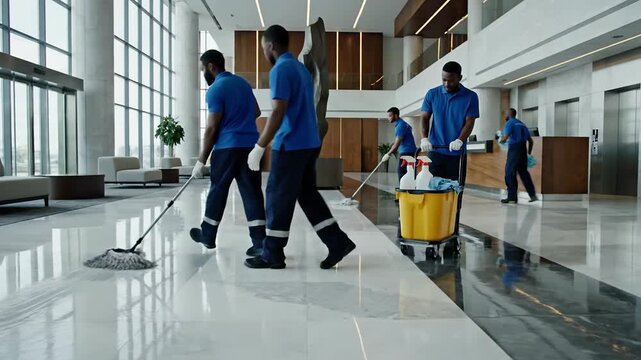 Professional cleaning crew mops a modern office lobby with a wet floor sign