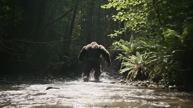 bigfoot crossing shallow river in forest splashing water cinematic scene