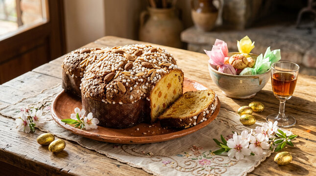 DESC (170ch)	Traditional colomba dove cake with almonds, amaretti, vin santo, and chocolate eggs on olive wood table. Italian Easter, Tuscan baking, and Mediterranean holiday concept.