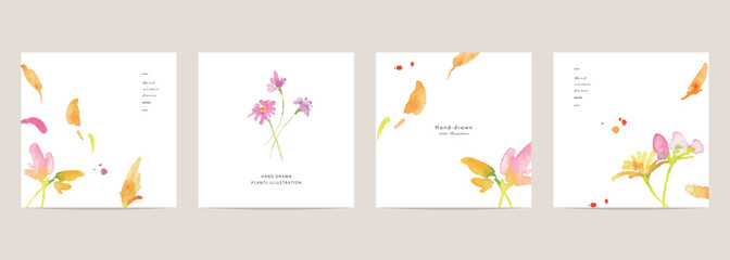 Naklejka premium 水彩画。水彩タッチのベクター花イラスト。春の植物のテンプレートセット。Watercolor. Vector floral illustrations in watercolor style. Spring plant template set.