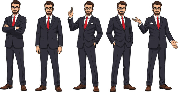 Cartoon vector illustration of professional businessman character in suit and tie showing multiple poses, gestures, and expressions for corporate presentation, communication, and design concepts