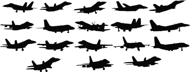 Collection of military fighter jet silhouettes isolated on white background, side view aircraft set featuring modern combat airplanes, aviation defense concept illustrationCollection  