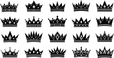 Black crown silhouette collection, royal king queen tiara icon set isolated on white background, vector design illustration pack © MDRAKIB