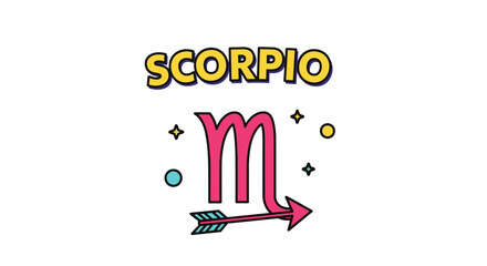 Scorpio astrological zodiac sign design with themed typography, a scorpion tail symbol, stars, and a decorative arrow element.