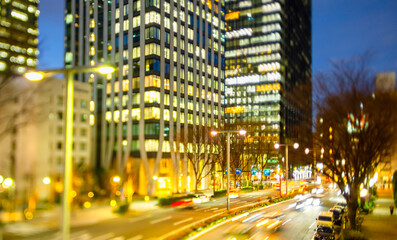 東京高層ビル街夜景　シフトレンズ逆アオリ撮影