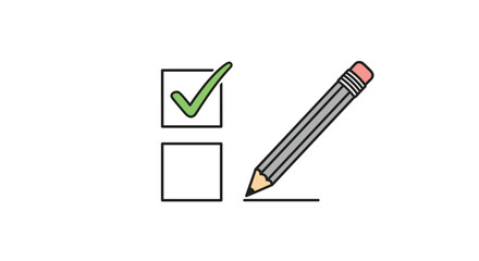 Naklejka premium Pencil checking a box on a list with a green checkmark to represent task completion, voting, or survey response selection.