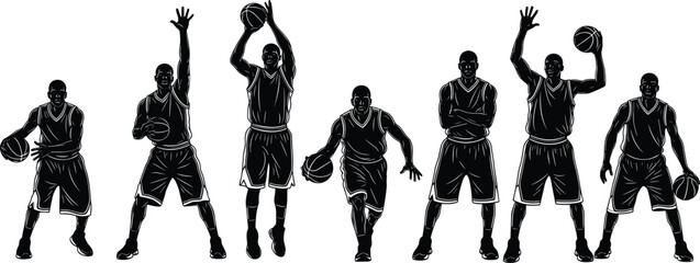 Obraz premium Set of black basketball player silhouettes in various action poses including dribbling, shooting, and defending isolated on white background for sports and competition vector design.