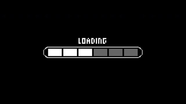 8 bit loading on black background. Ideal for technology or digital themed designs, illustrating progress, waiting, or loading concepts.