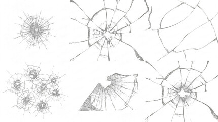 Obraz premium intricate spiderweb-like cracks on a broken glass surface, radiating from multiple impact points, captured in high contrast against a transparent background for dramatic effect.