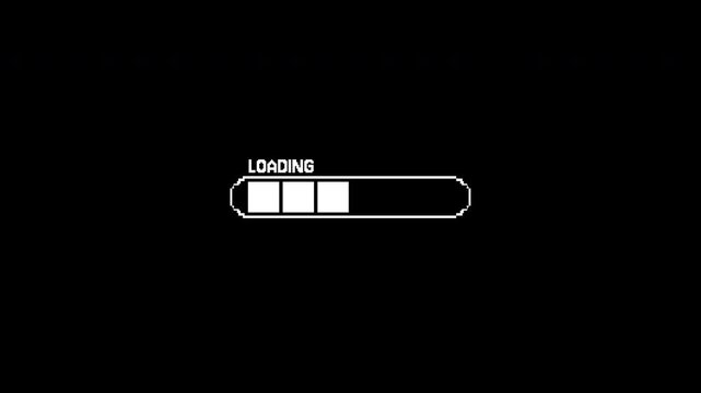 8 bit loading with the word loading on top. Suitable for web design, technology concepts, and digital progress themes. Bold and modern.