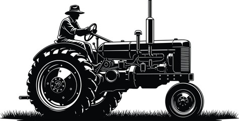 Vintage Farmer Driving Classic Tractor Silhouette Illustration in Retro Engraving Style, Agricultural Machinery on Rural Farm Field, Black and Blue Vector Artwork © MstSabnur