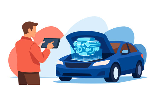 Man using tablet to analyze futuristic car engine hologram.