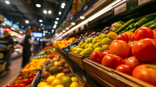 Farmer's Market or Grocery Store Produce Display &ndash; Fresh Colorful Fruits and Vegetables with Oranges, Lemons, Tomatoes and Blurred Market Background with Warm Lighting