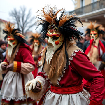 Sofia, Bulgaria - January 8, 2023: Masquerade festival "Surva" in Sofia, Bulgaria. People with mask called Kukeri dance and perform to scare the evil spirits.