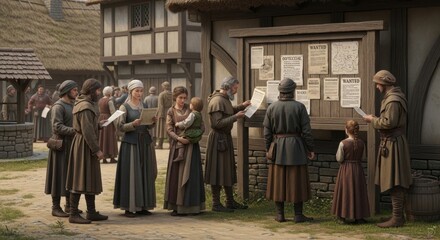 Villagers gathered around a wooden notice board reading posted announcements in a medieval European town square on a sunny day