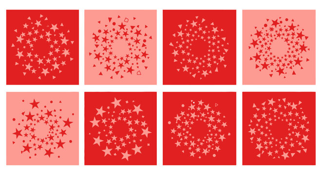 A collection of eight red square frames filled with scattered stars ideal for festive designs on transparent background silhouette