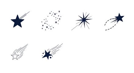 A collection of dark blue shooting stars and sparkling starbursts ideal for design elements on transparent background silhouette © Md